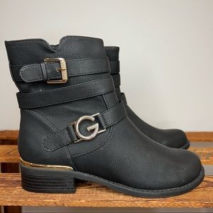 G by Guess Harlin Black Combat Boots Gold Buckle Shoes Women’s 6